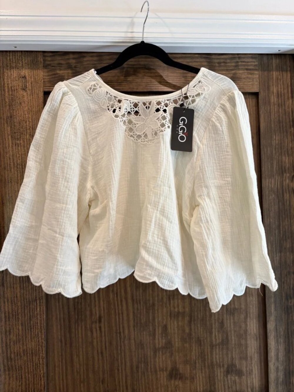 GIGIO White Lace-Trim Cotton Peasant Blouse NWT